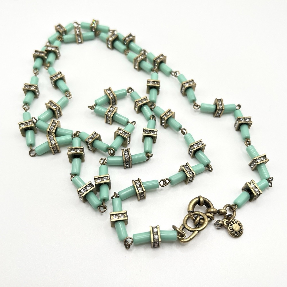 J.CREW Gold Tone Rondelle Rhinestone Spacers Blue Bead Chain Necklace 32"‎